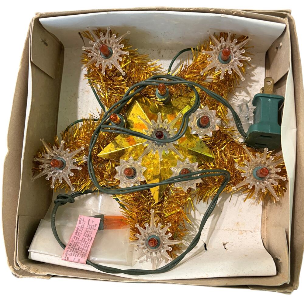 Vtg Gold Tinsel Star Christmas Tree Topper 11 Light Single Flashing 1990s